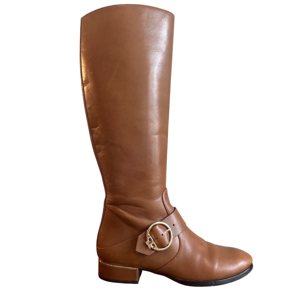 Tory Burch Sofia 40343 Cognac Leather Riding Boots Gold Buckle 8.5